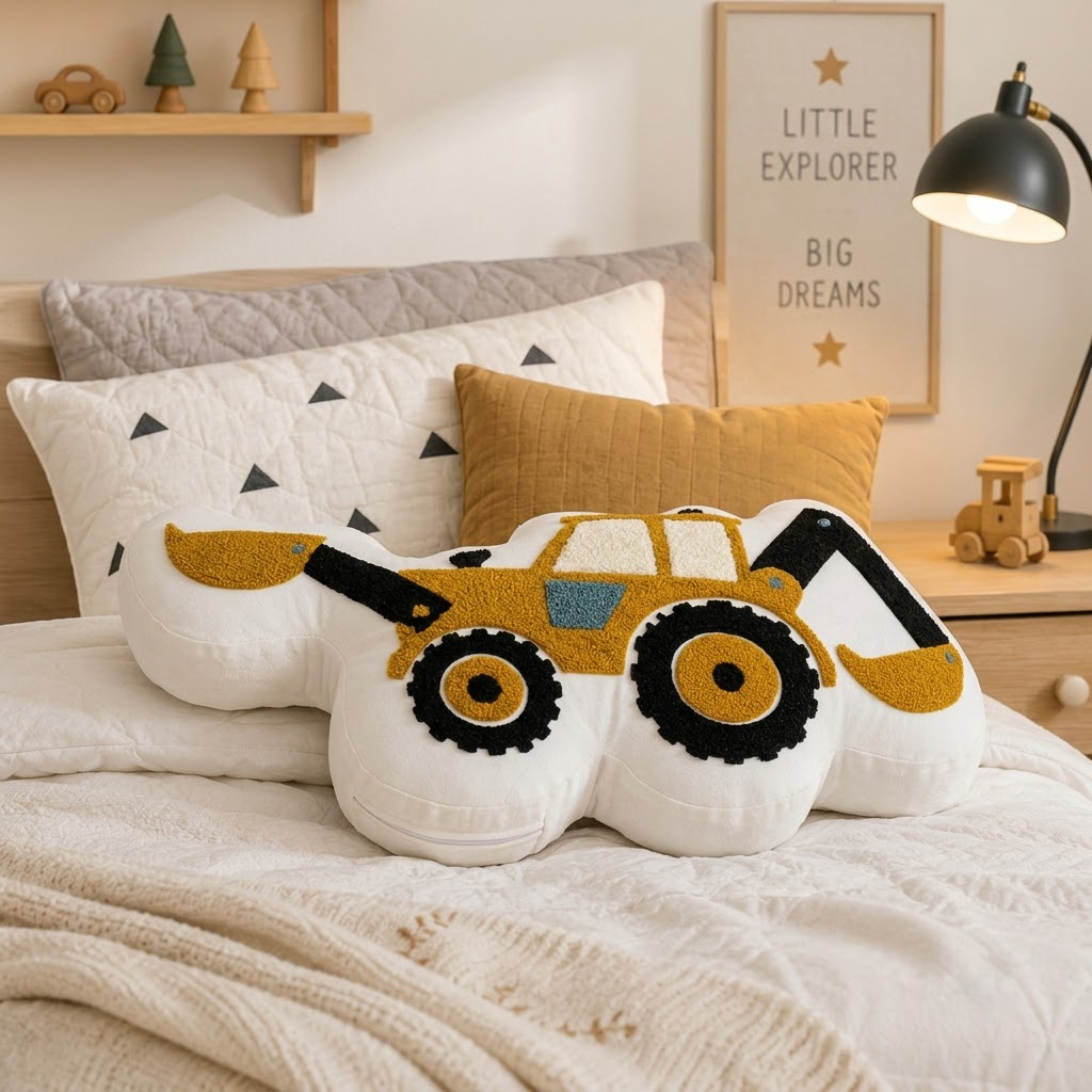 Excavator Decorative Cushion – Yellow Construction Vehicle Accent Pillow