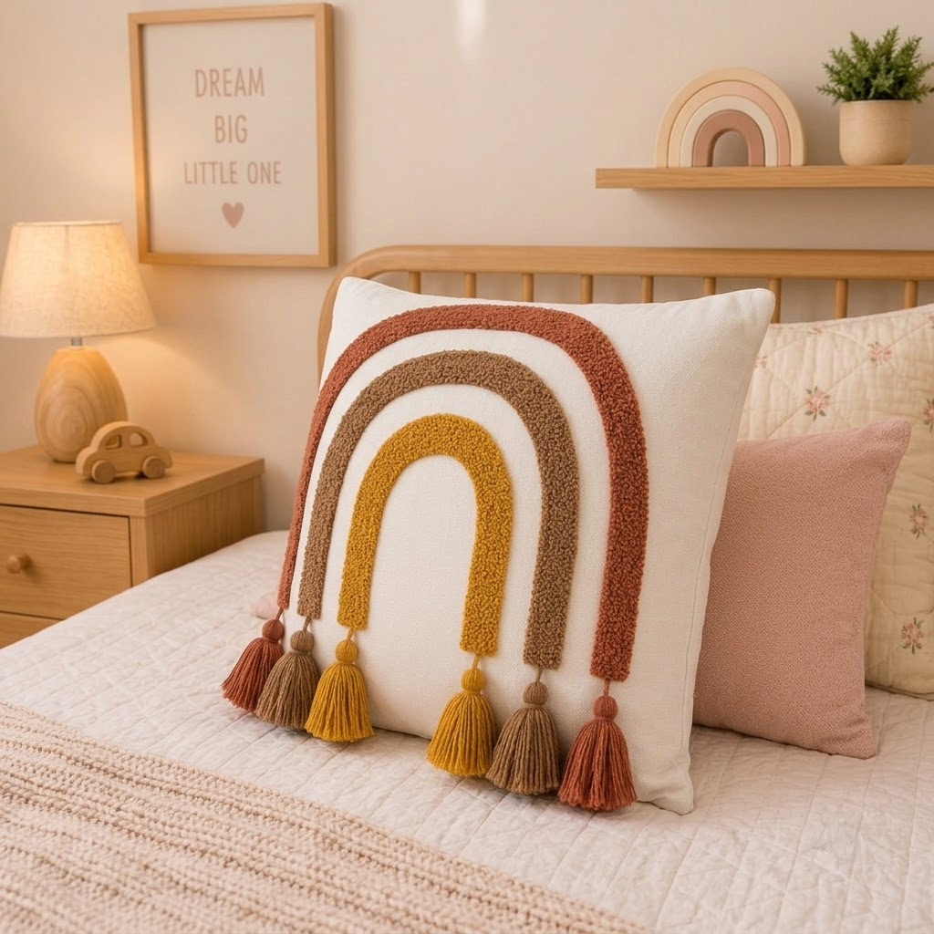 Rainbow Decorative Cushion – Multicolor Tassel Accent Pillow