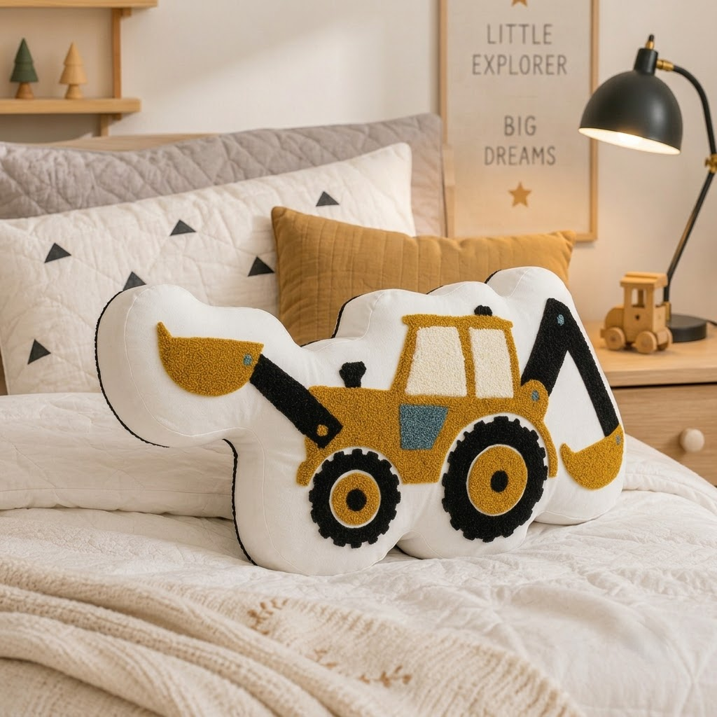 Excavator Decorative Cushion – Yellow Construction Vehicle Accent Pillow