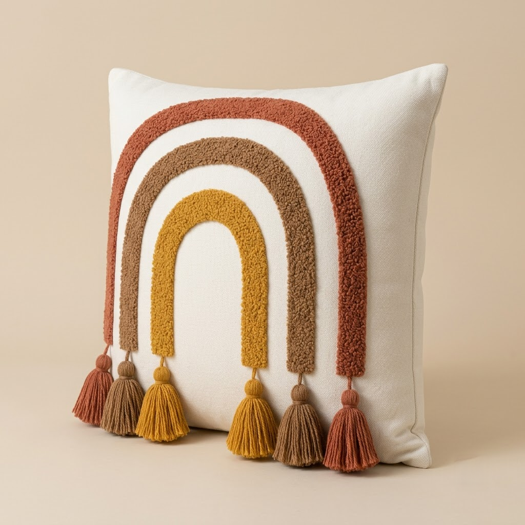 Rainbow Decorative Cushion – Multicolor Tassel Accent Pillow