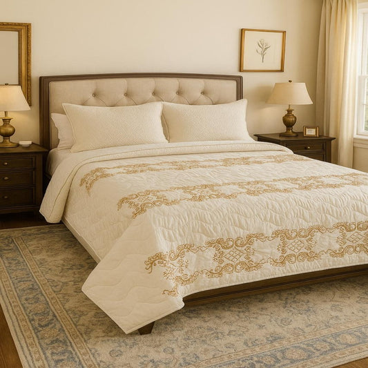 Neatly made bed with decorative quilt in a bedroom setting