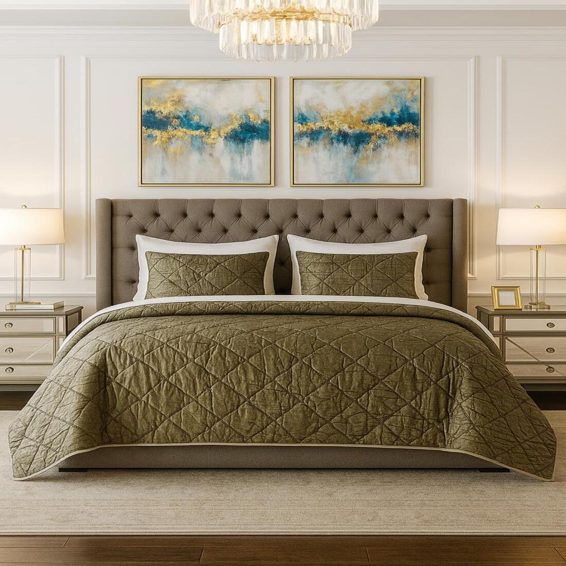 Bedroom with a brown quilted comforter on a bed, two abstract paintings on the wall, and two lamps.