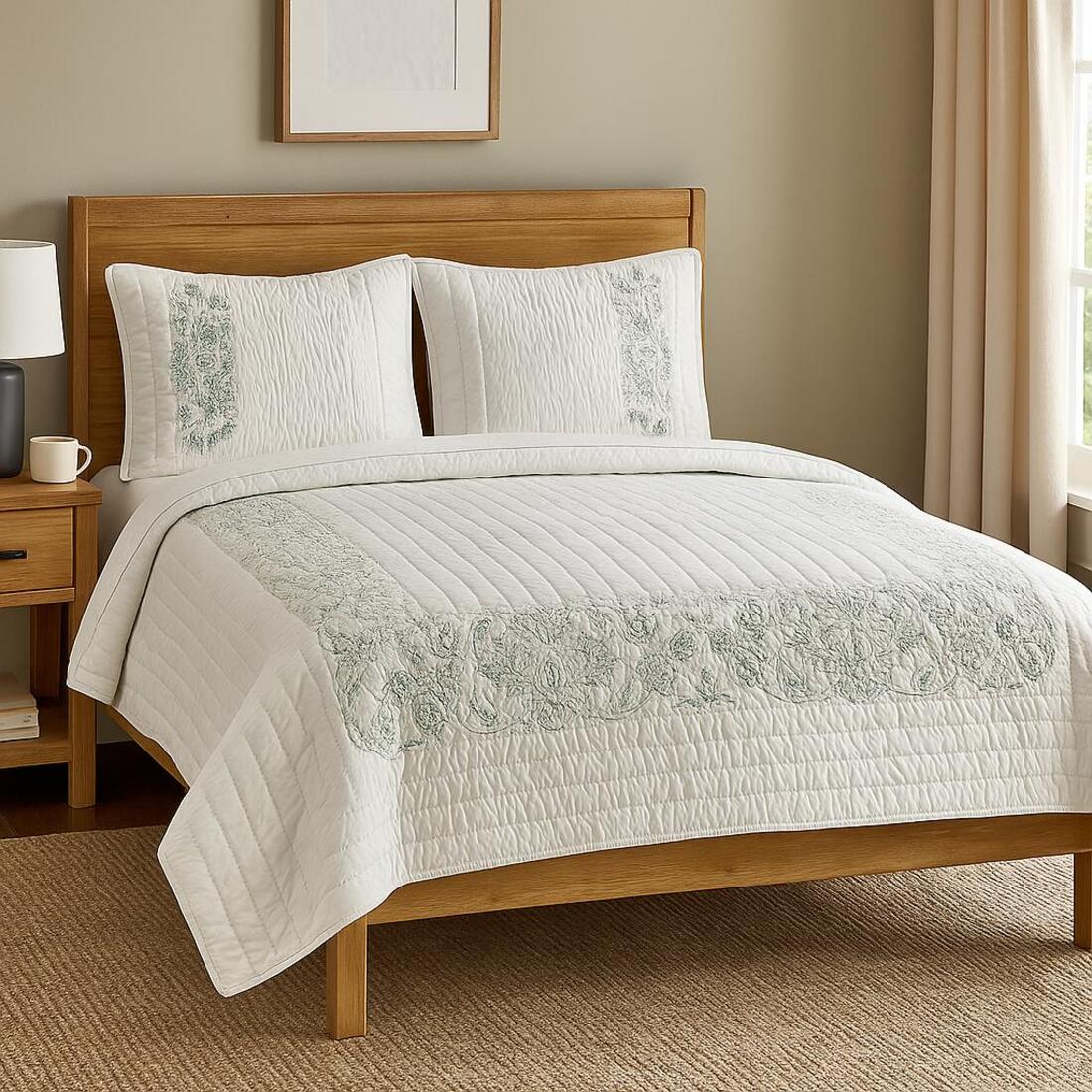 Bedroom with wooden bed, white bedding with green embroidery, and nightstand.