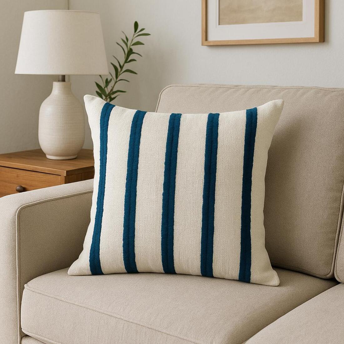 Striped pillow on a beige sofa with a lamp and plant in the background