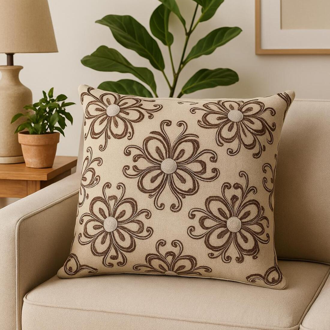 Decorative pillow with floral pattern on a beige couch in a living room setting.