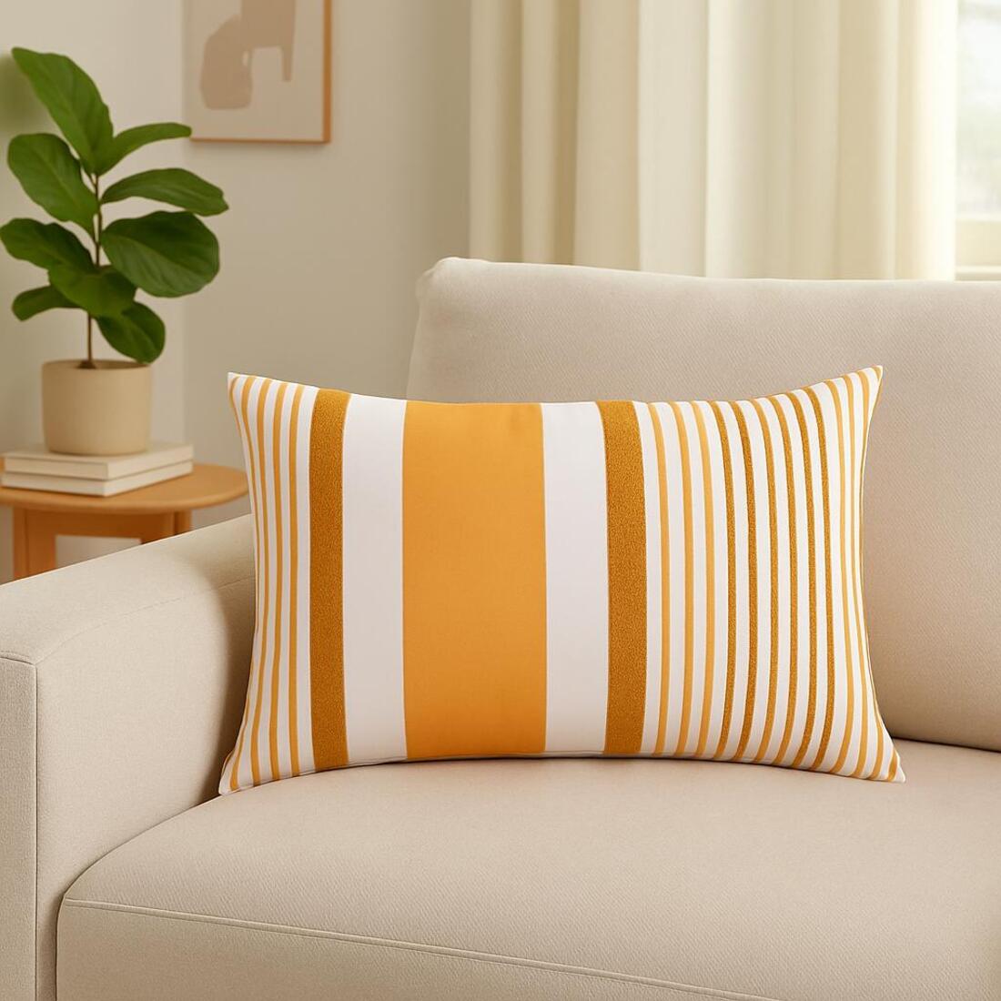 Striped orange and white pillow on a beige sofa with a plant and books in the background.