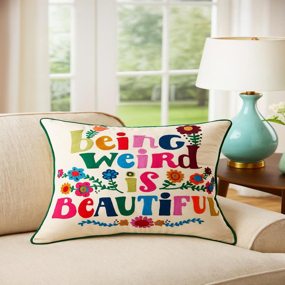 Decorative pillow with colorful text 'Being Weird is Beautiful' on a couch in a bright room.