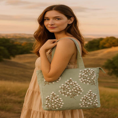 Woman holding a green tote bag with floral patterns in a scenic outdoor setting