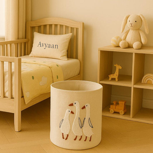 Children's room with wooden crib, toy shelf, and decorative basket.