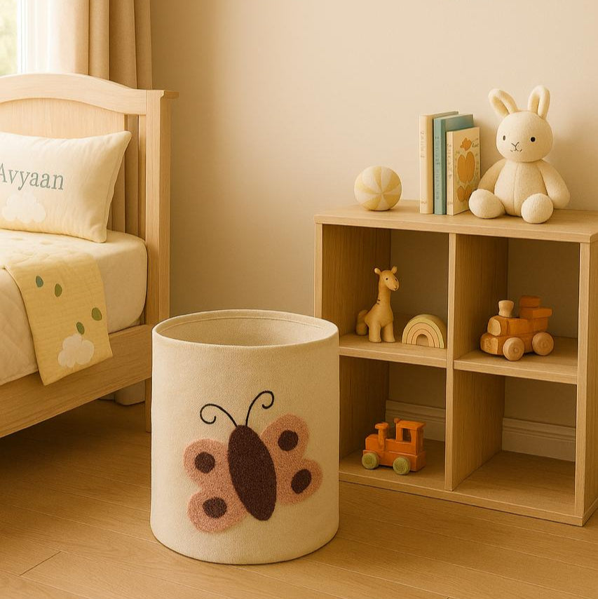 Children's room with wooden bed, toy storage bin, and shelves with toys and books.
