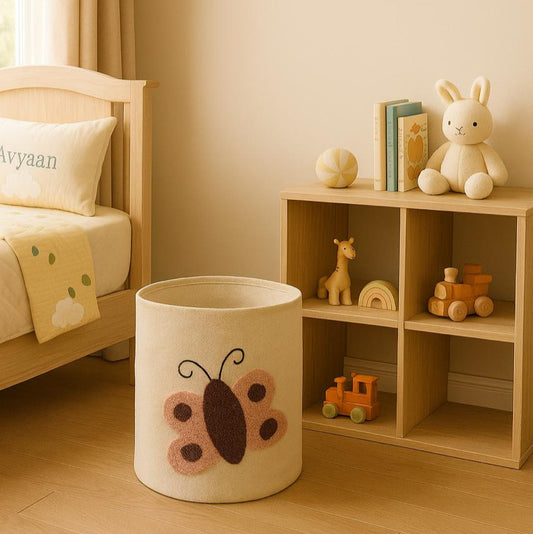 Children's room with wooden bed, toy storage bin, and shelves with toys and books.