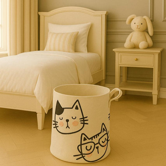 Children's bedroom with a bed, nightstand, and decorative items on a beige wall.