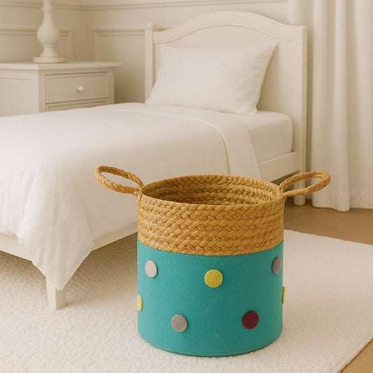 Woven basket with colorful polka dots on a bedroom floor