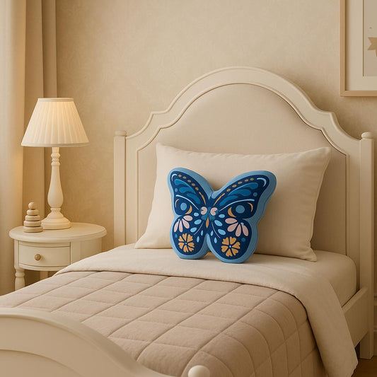 Bedroom with a bed featuring a blue butterfly pillow, a nightstand with a lamp, and neutral walls.