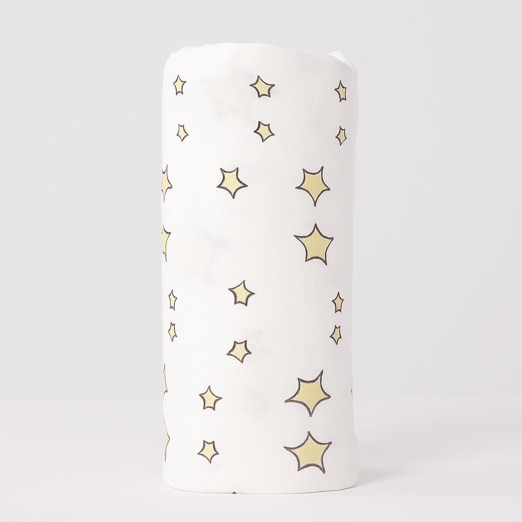 White cylindrical container with star patterns on a light gray background