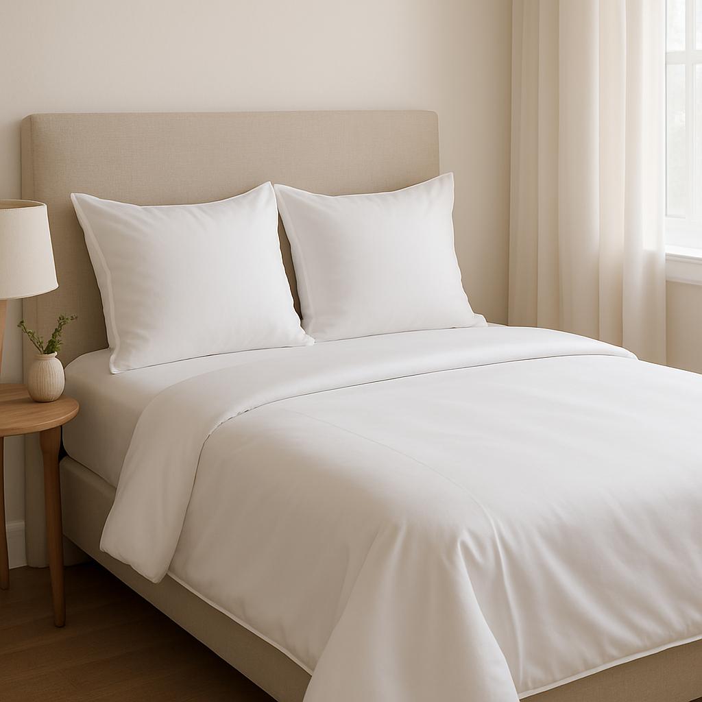 Neatly made bed with white bedding in a bedroom setting.