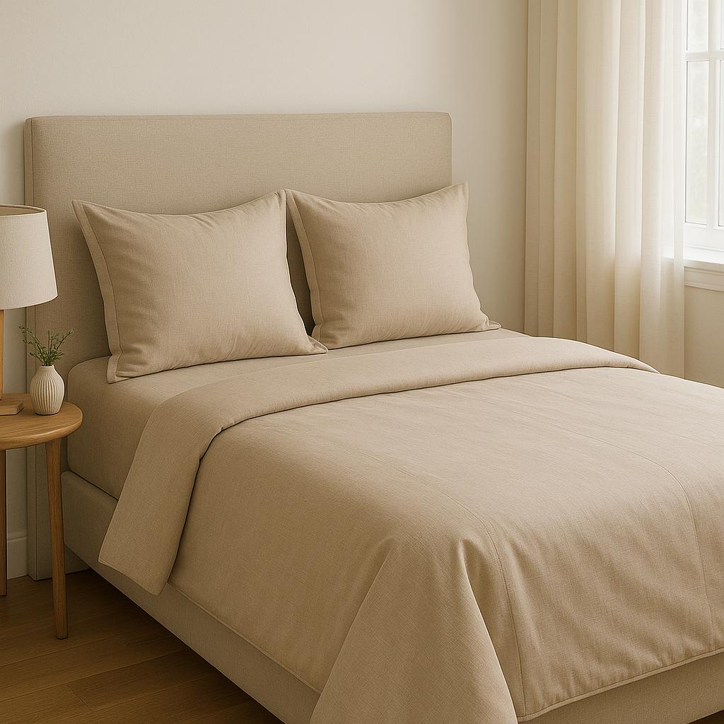 Beige bedspread and pillows on a bed in a bedroom setting.