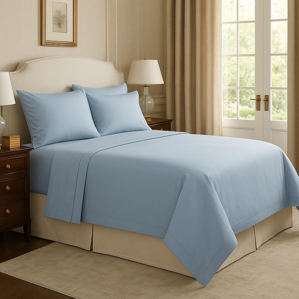 Bedroom with blue bedding and beige walls