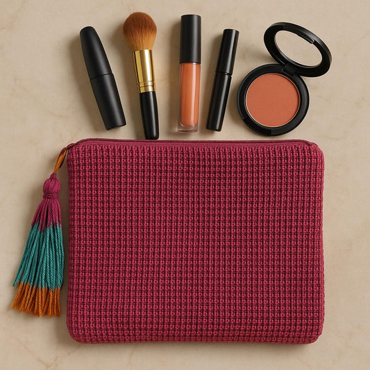 Pink textured makeup pouch with cosmetic items on a beige background