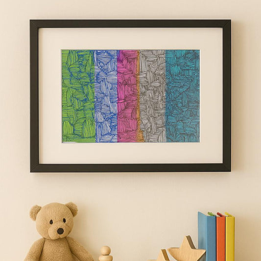 Framed abstract artwork on a wall above a wooden shelf with toys and books.