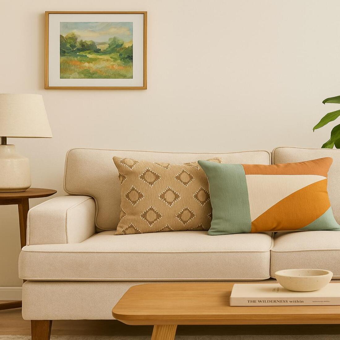 Beige sofa with decorative pillows in a living room setting