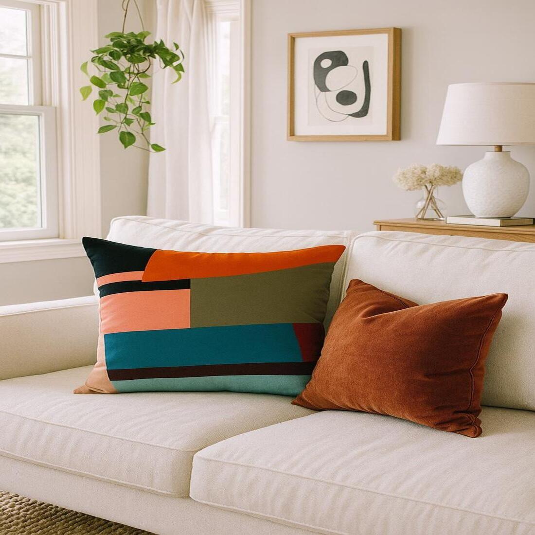 Colorful pillow on a white sofa with a neutral living room background