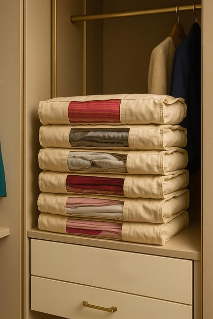 Stack of folded clothes in a wardrobe with a beige interior.