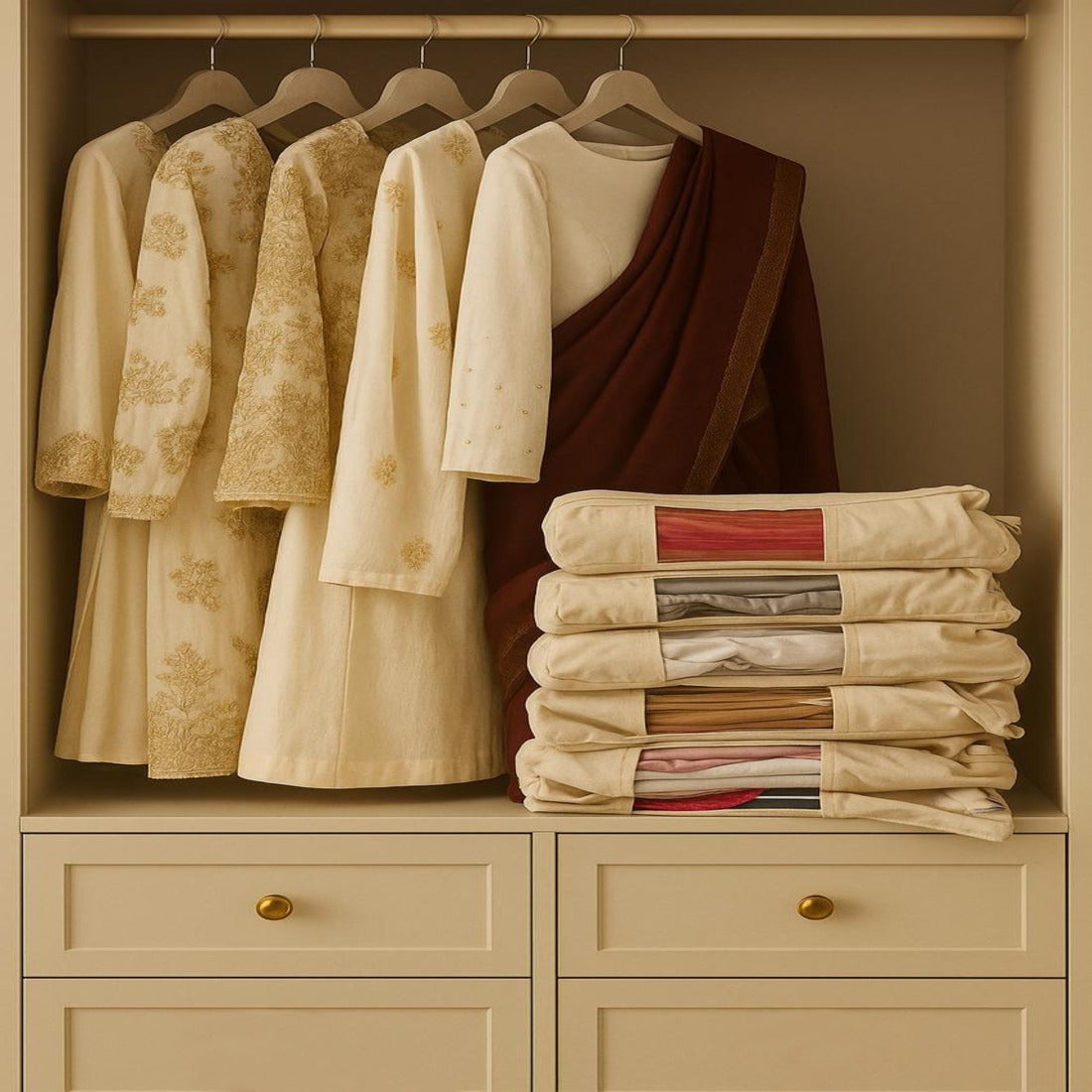 Closet with hanging and folded clothes inside a beige wardrobe.