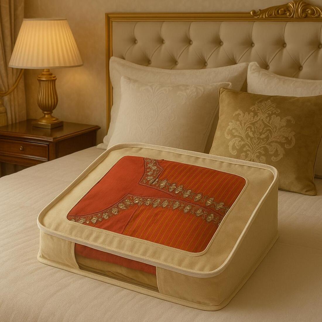 Orange garment with gold embroidery in a beige storage bag on a bed with decorative pillows and a lamp.