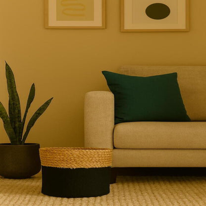 Beige sofa with a green pillow in a living room setting with a plant and woven basket.