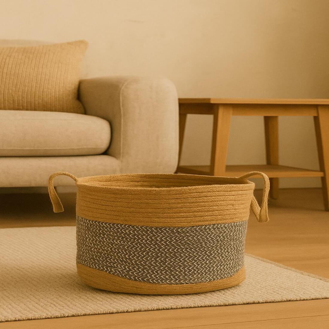 Woven basket on a wooden floor with a beige sofa and wooden table in the background
