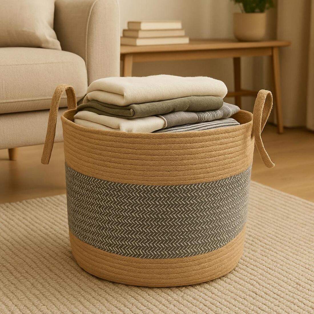 Woven laundry basket with folded clothes on a carpeted floor in a living room.