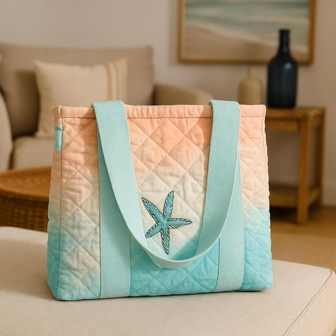 Quilted tote bag with starfish design on a couch