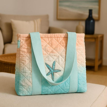 Quilted tote bag with starfish design on a couch