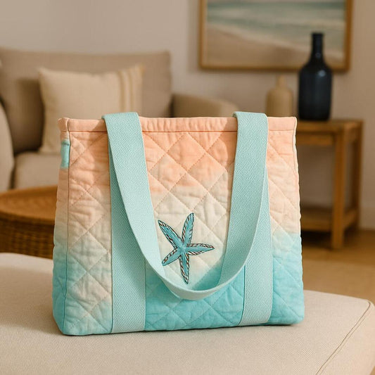 Quilted tote bag with starfish design on a couch