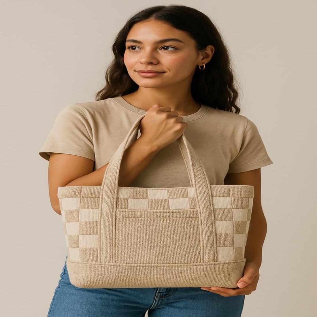 Woman holding a beige woven bag against a neutral background