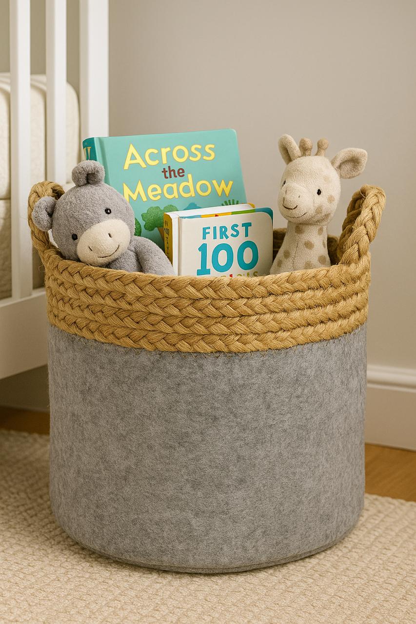 Gray storage basket with toys and books on a carpeted floor.