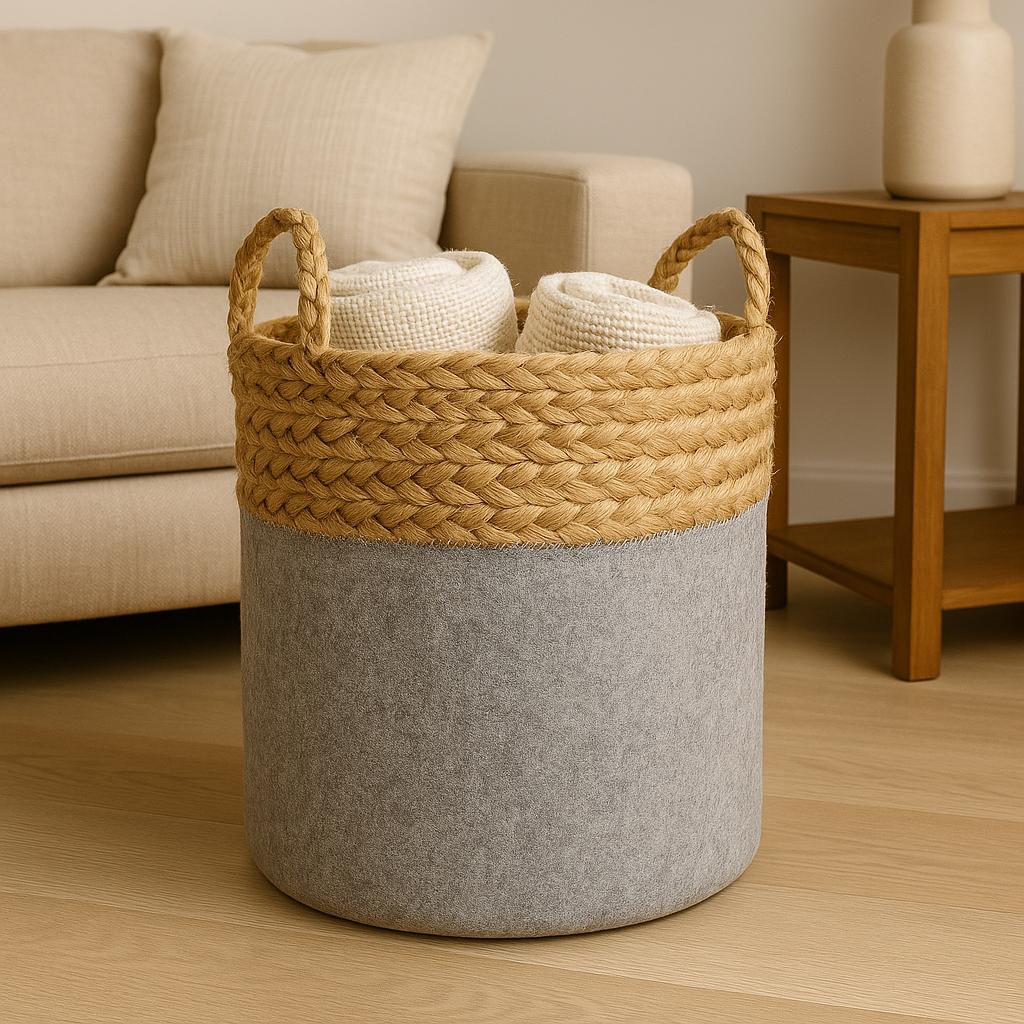 Woven basket with handles on a wooden floor in a living room setting.