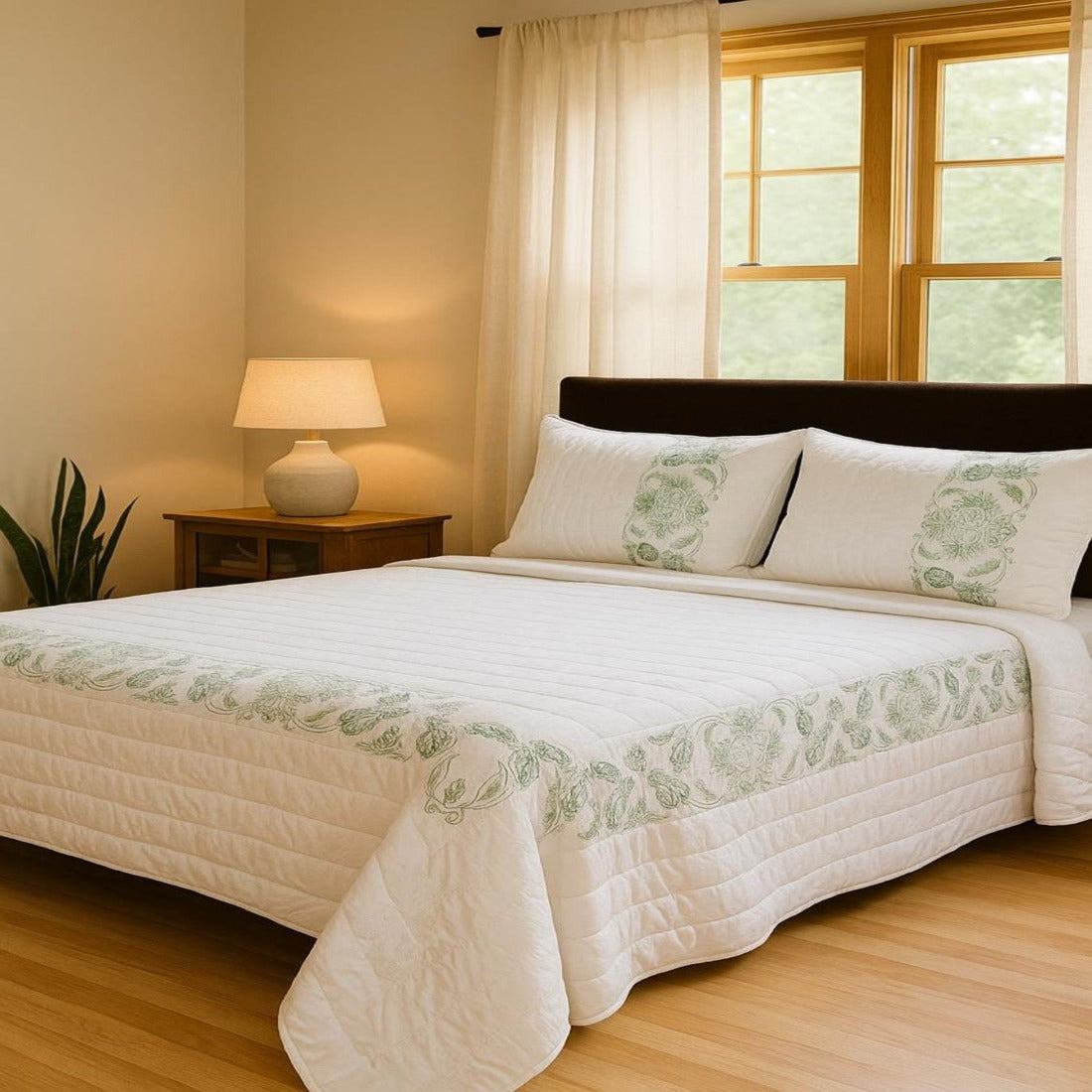 Bedroom with a bed covered in white bedding with green patterns, a lamp on a nightstand, and a window with curtains.