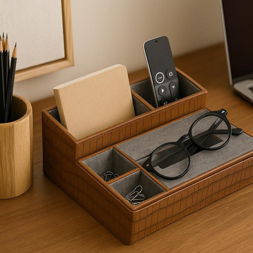 Wooden desk organizer with glasses, remote control, and stationery on a wooden surface.