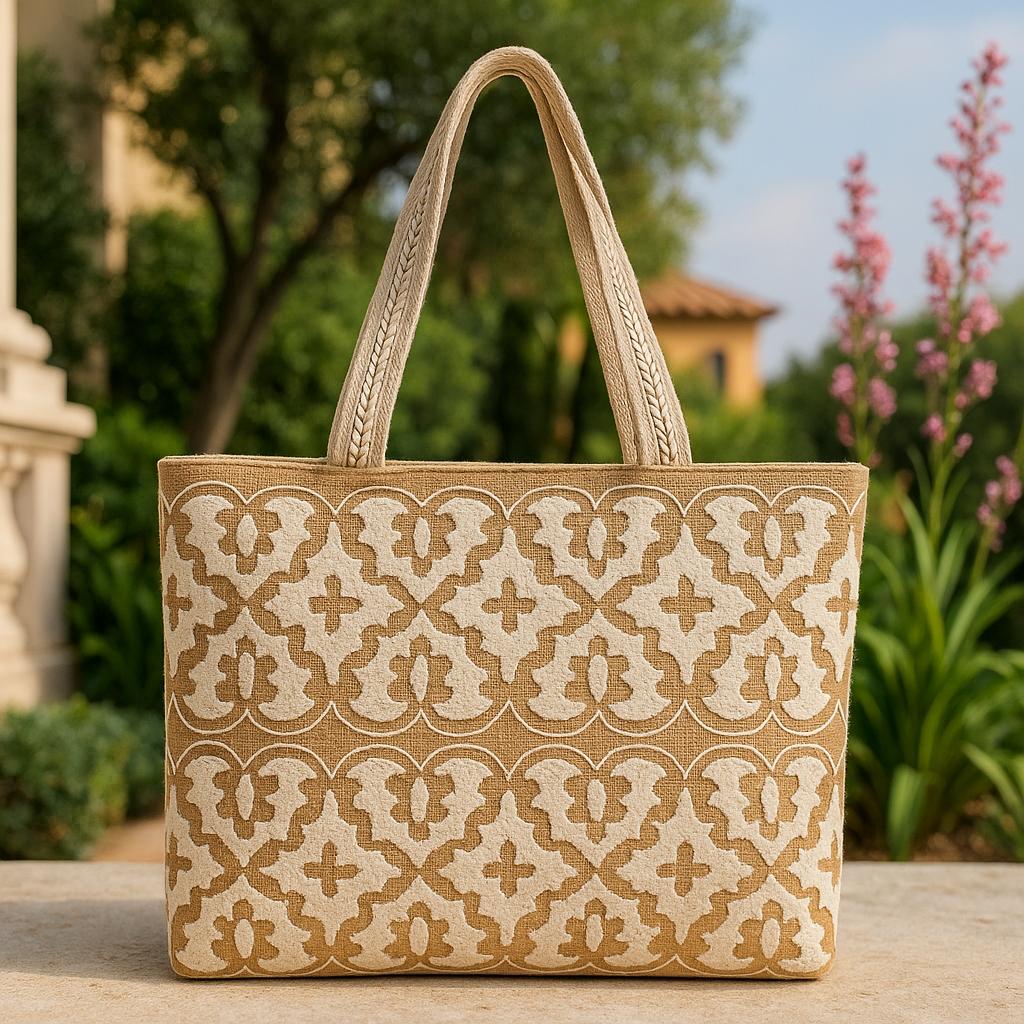 Patterned tote bag on a table with a garden background