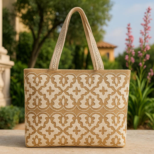 Patterned tote bag on a table with a garden background