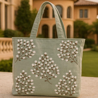 Green tote bag with floral embroidery in front of a building