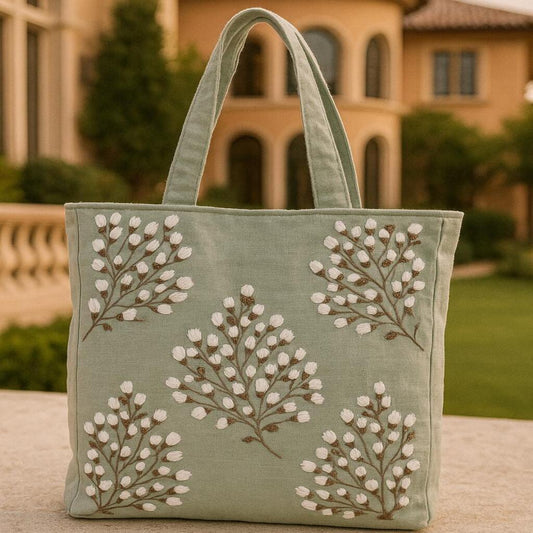 Green tote bag with floral embroidery in front of a building