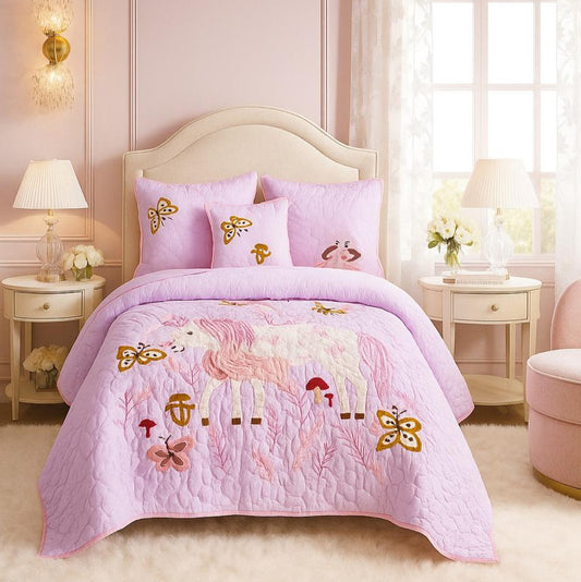 Pink bedroom with a bed featuring a matching pink comforter and pillows.