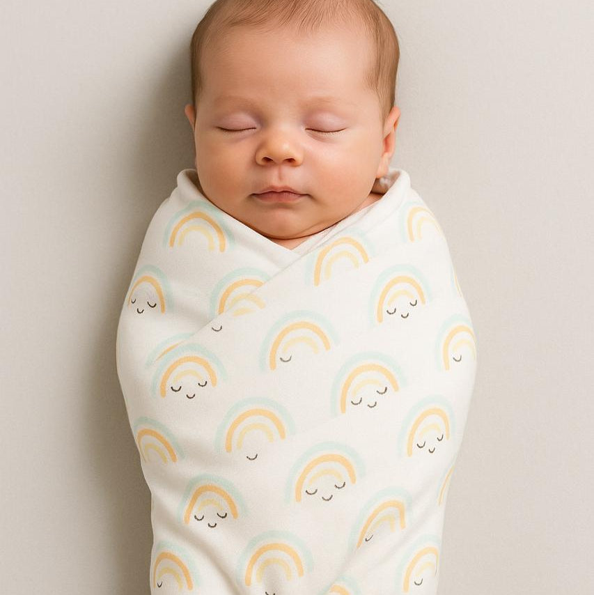 Newborn baby swaddled in a blanket with rainbow patterns on a plain background