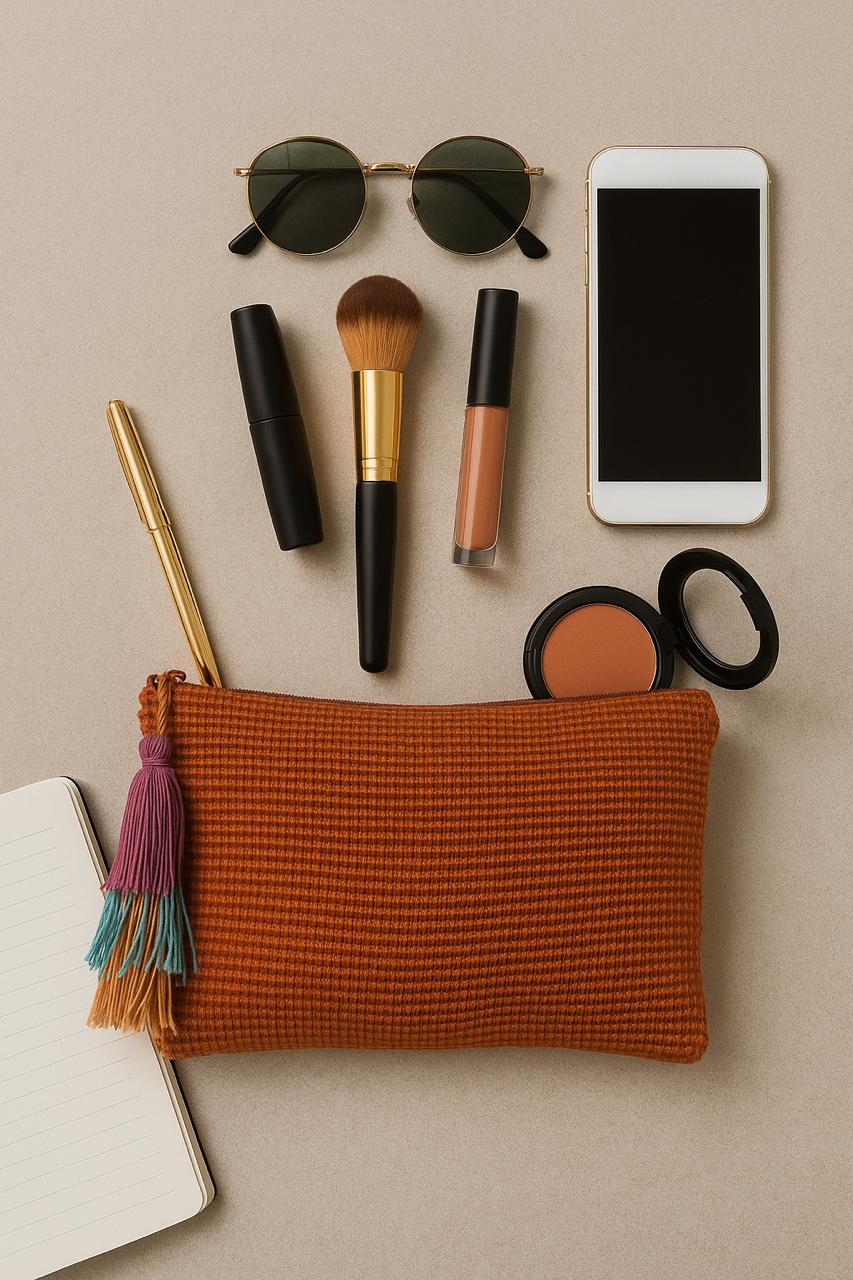 Makeup bag with makeup items and phone on a beige background