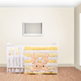 A colorful baby quilt with a bunny pattern displayed on a crib in a nursery room.
