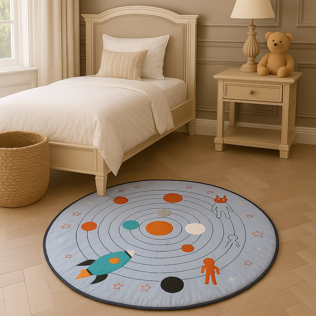 Children's bedroom with a space-themed rug on the floor.