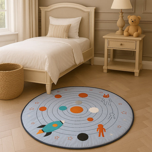 Children's bedroom with a space-themed rug on the floor.